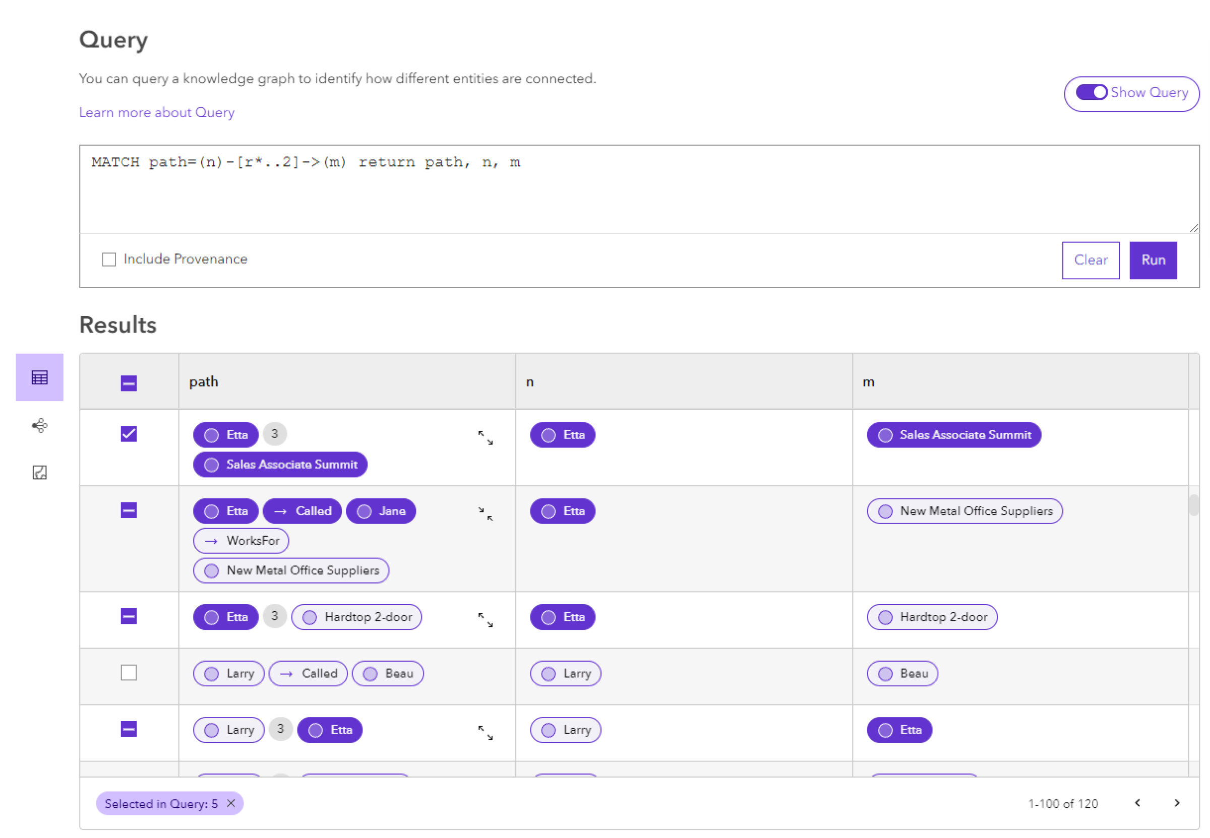 Records selected in the table are highlighted in each result they appear.