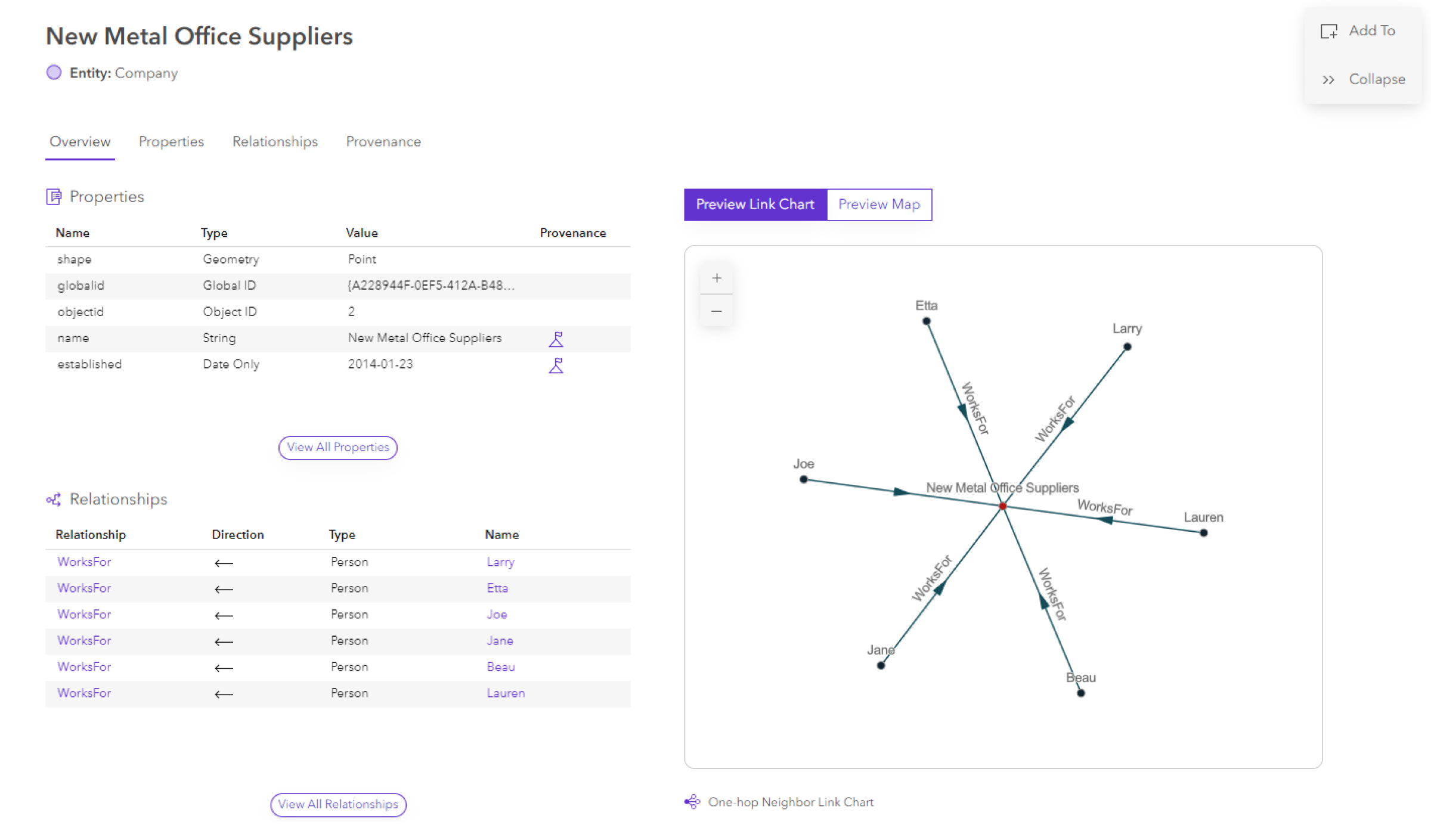 Overview tab of an entity data card