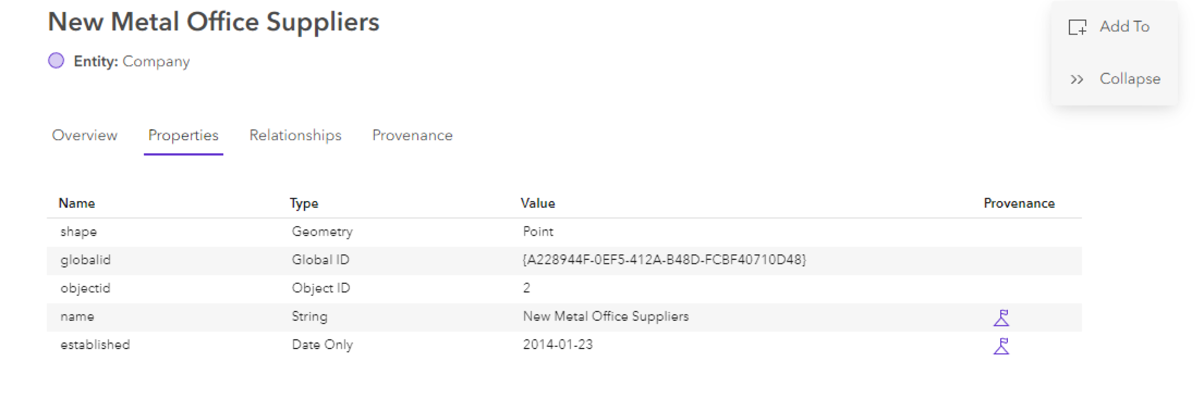 Properties tab of an entity data card