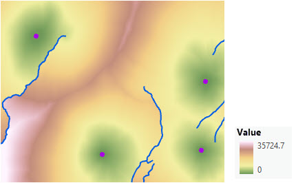 Map of accumulative cost distance from four ranger stations created by adding a cost surface